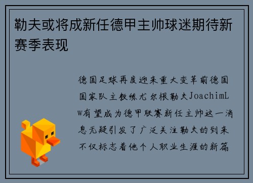 勒夫或将成新任德甲主帅球迷期待新赛季表现