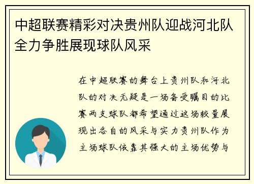 中超联赛精彩对决贵州队迎战河北队全力争胜展现球队风采