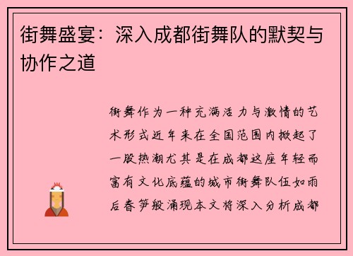 街舞盛宴：深入成都街舞队的默契与协作之道