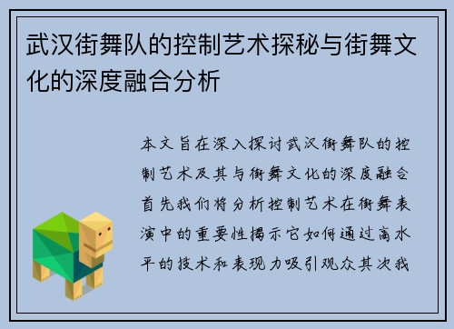 武汉街舞队的控制艺术探秘与街舞文化的深度融合分析