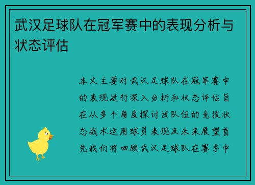 武汉足球队在冠军赛中的表现分析与状态评估